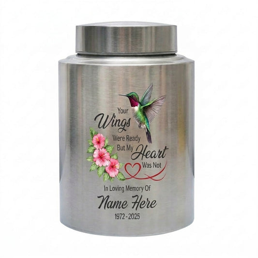 Personalized Hummingbird Stainless Steel Cremation Urn for Human Ashes, Your Wings Were Ready Bereavement Condolence Loss of Loved One Memorial Keepsake Urn, Memorial Gift, In Loving Memory - Image 1