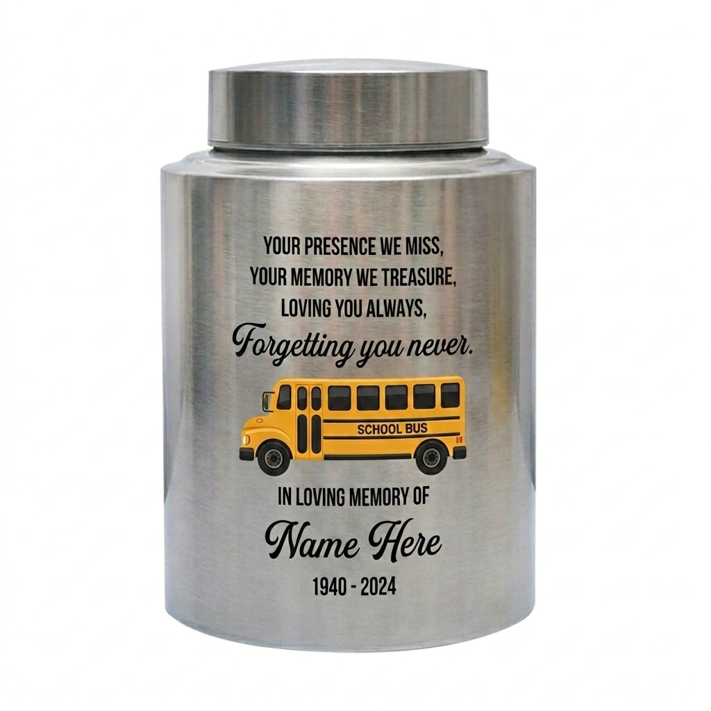 Personalized School Bus UV Print Stainless Steel Large Urn for Human Ashes Loss Of Loved One Bus Driver Bereavement Remembrance Memorial Keepsake Urn, Memorial Gift, In Loving Memory - Image 1
