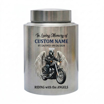 Personalized Motorcycle Biker Stainless Steel Decorative Urn for Human Ashes Adult Male Dad Husband Custom Large UV Printed Memorial Keepsake Urn, Memorial Gift, In Loving Memory - Image 1