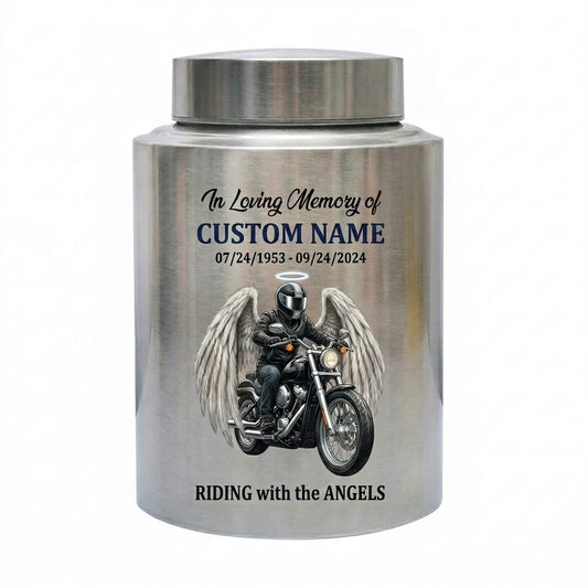 Personalized Motorcycle Biker Stainless Steel Decorative Urn for Human Ashes Adult Male Dad Husband Custom Large UV Printed Memorial Keepsake Urn, Memorial Gift, In Loving Memory - Image 1