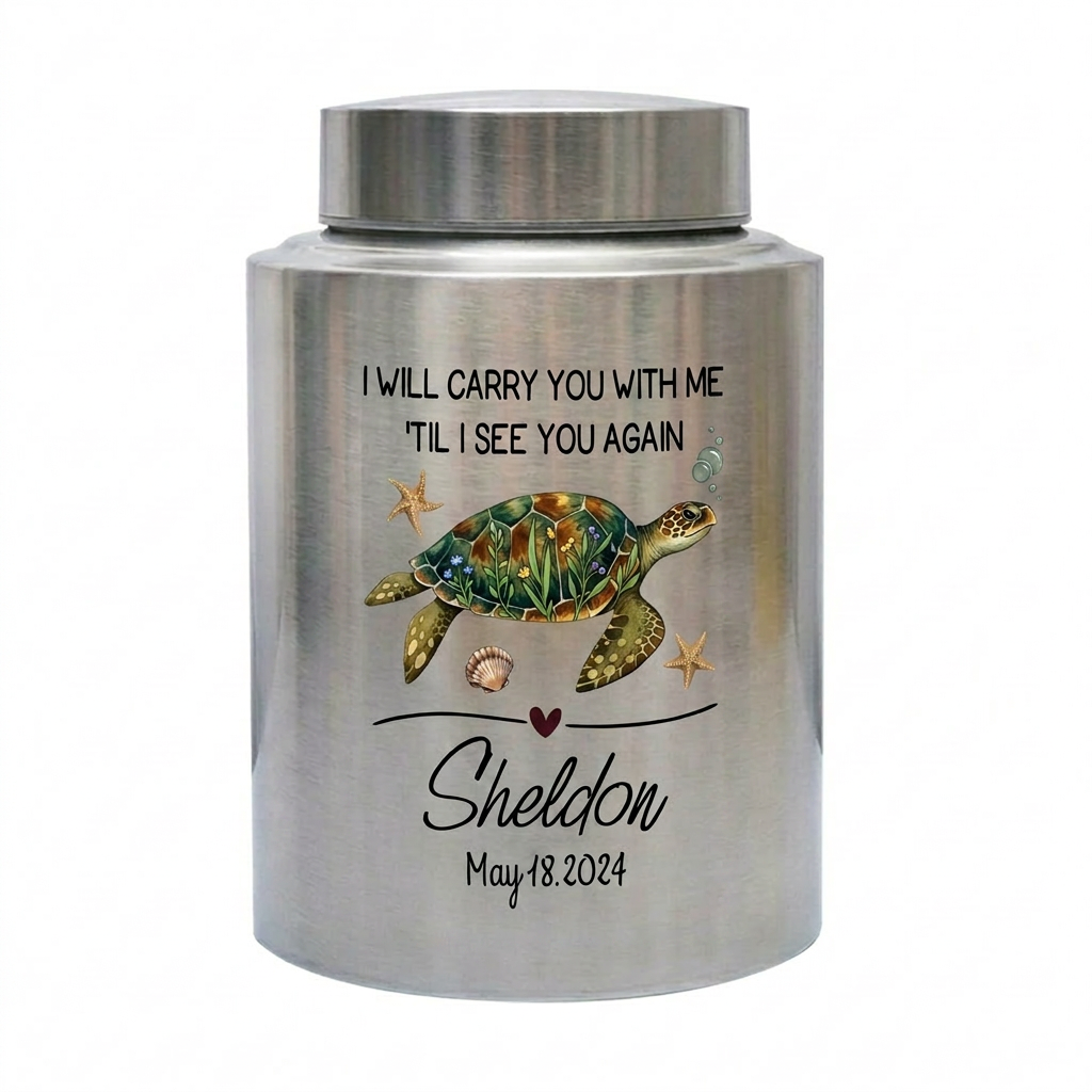 Personalized Turtle UV Printed Stainless Steel Cremation Urns For Ashes, Custom Pet Loss Remembrance Or Turtle Lover Bereavement Condolence, Memorial Keepsake Urn, Memorial Gift, In Loving Memory - Image 1