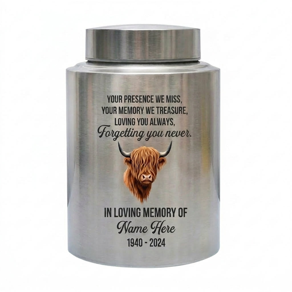 Personalized Highland Cow Stainless Steel Urn for Human Ashes, Sympathy Loss of Loved One Bereavement, Adult Ash Container 5.9in 7.5in, Memorial Keepsake Urn, Memorial Gift, In Loving Memory - Image 1