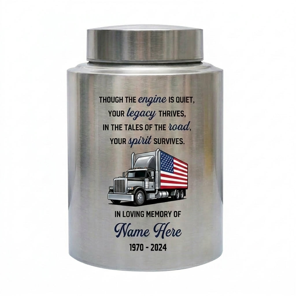 Personalized Semi Truck Angel Wings UV Printed Stainless Steel Urn for Human Ashes Truck Driver Dad Grandpa Adult Male Large Capacity Memorial Keepsake Urn, Memorial Gift, In Loving Memory - Image 1