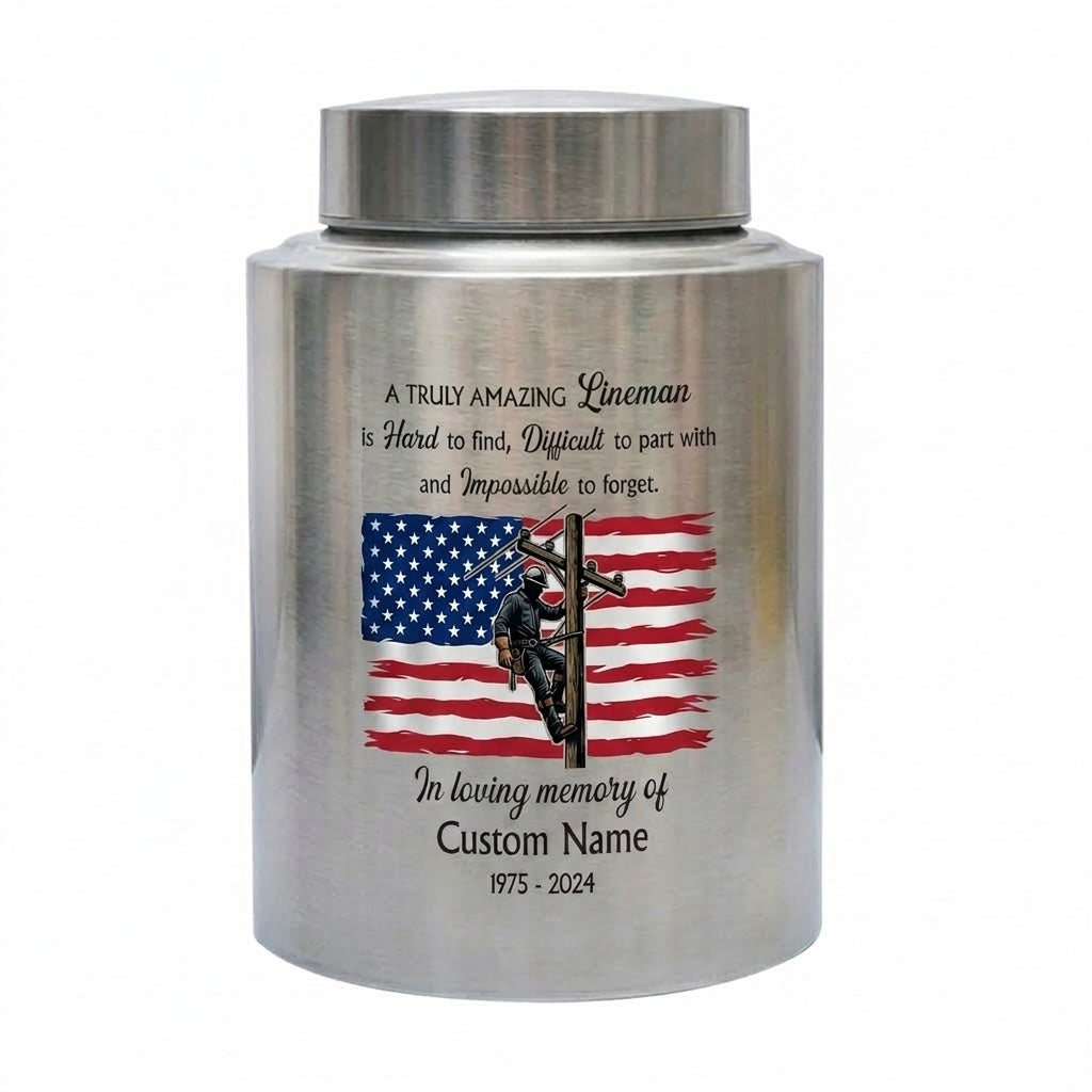 Personalized Lineman Electrician Stainless Steel Urn for Human Ashes Dad Husband Powerline Worker Tribute Custom Name Date UV Print Memorial Keepsake Urn, Memorial Gift, In Loving Memory - Image 1