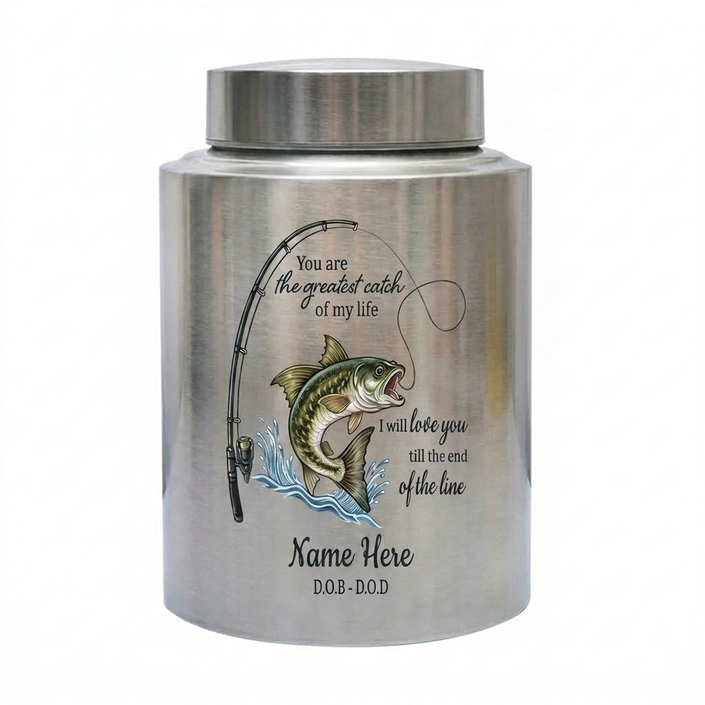 Personalized Bass Fishing Stainless Steel Large Urns For Human Ashes, Husband Fisherman Angler Tribute, Greatest Catch Of My Life, Memorial Keepsake Urn, Memorial Gift, In Loving Memory - Image 1
