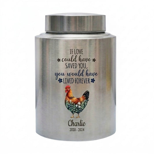 Personalized Chicken Memorial Stainless Steel Urn for Pet Ashes, Rooster Hen Loss Sympathy Gift, Custom Name Date Bird Tribute, Two Sizes, Memorial Keepsake Urn, Memorial Gift, In Loving Memory - Image 1