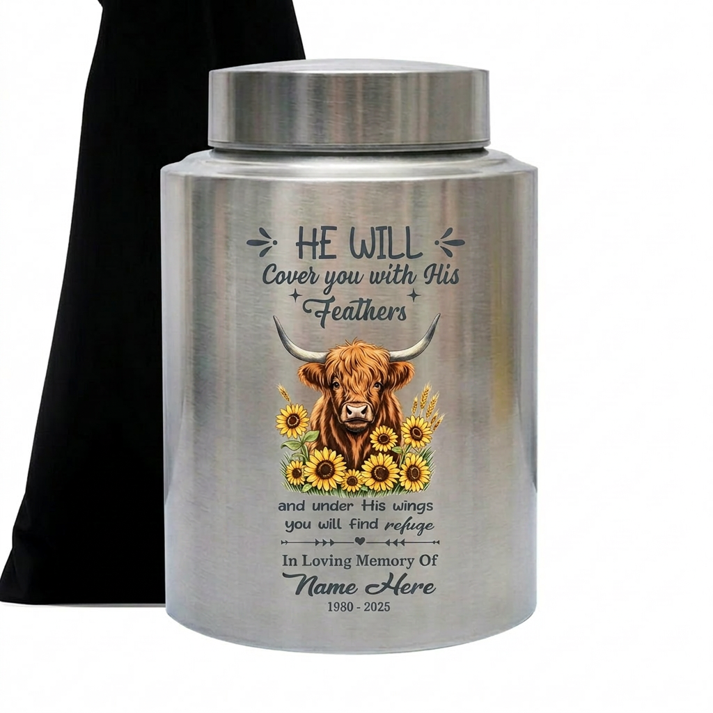 Personalized Highland Cow Christian Bible Verse Stainless Steel Cremation Urn for Human Ashes, Custom Religious Bereavement Sympathy Present, Memorial Keepsake Urn, Memorial Gift, In Loving Memory - Image 1
