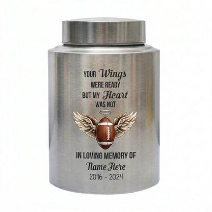 Personalized American Football UV Printed Stainless Steel Urn for Loss of Sports Fan Player Bereavement Remembrance 2 Sizes Memorial Keepsake Urn, Memorial Gift, In Loving Memory - Image 1