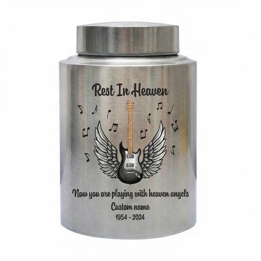 Personalized Guitar Music Lovers Stainless Steel Funeral Cremation Vault For Musician Guitarist Adult Male Female Remains Small And Large Sizes Memorial Keepsake Urn, Memorial Gift, In Loving Memory - Image 1