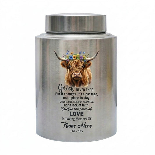 Personalized Highland Cow UV Printed Stainless Steel Grief Quote Bereavement Adult Ashes Container Large Small Sizes 4 Color Options Memorial Keepsake Urn, Memorial Gift, In Loving Memory - Image 1