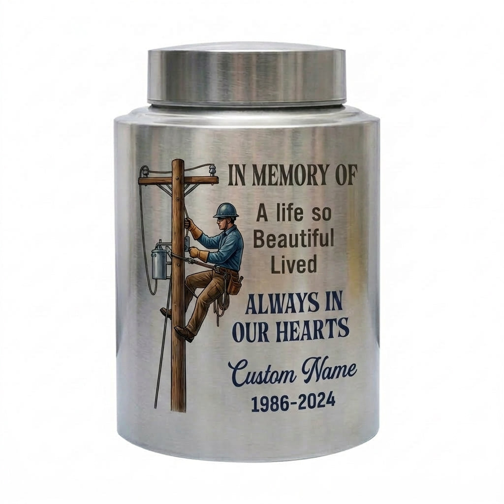Personalized Lineman Electrician UV Printed Stainless Steel Funeral Urn for Dad Husband Adult Human Ashes Large Custom Decorative Memorial Keepsake Urn, Memorial Gift, In Loving Memory - Image 1