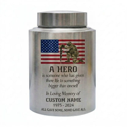 Personalized Military Veteran Hero Quote Stainless Steel Urn for Soldier Army Armed Forces Tribute Funeral Service Bereavement Small Large Memorial Keepsake Urn, Memorial Gift, In Loving Memory - Image 1
