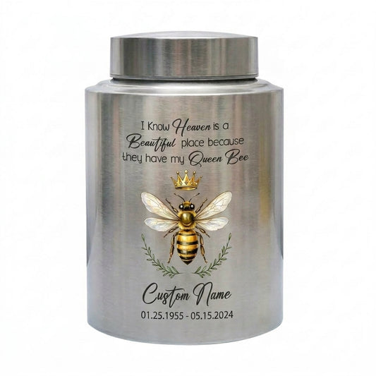 Personalized Queen Bee Heaven is a Beautiful Place Stainless Steel Urn for Adult Female Ashes Mother Grandmother Bee Lover 4 Colors Memorial Keepsake Urn, Memorial Gift, In Loving Memory - Image 1