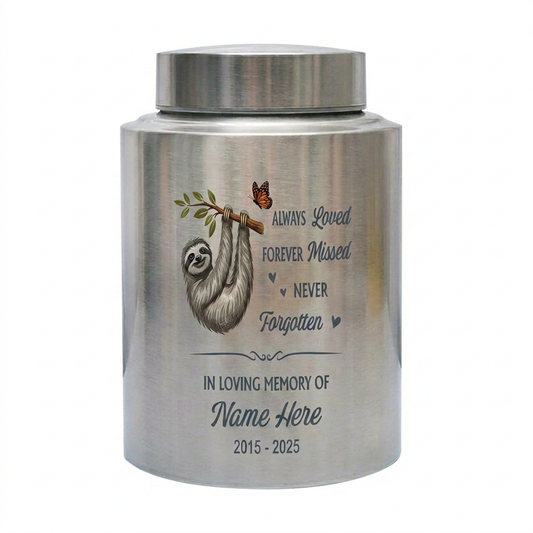 Personalized Sloth Urn Stainless Steel Animal Lover Tribute Adult Pet Ashes Always Loved Forever Missed Quote Decorative 2 Sizes Memorial Keepsake Urn, Memorial Gift, In Loving Memory - Image 1