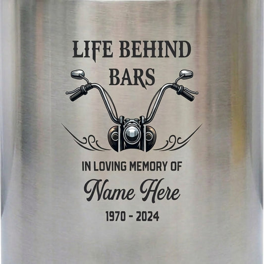 Personalized Motorcycle Life Behind Bars Stainless Steel Cremation Urn For Dad Men Biker Enthusiast Large UV Printed Four Colors Memorial Keepsake Urn, Memorial Gift, In Loving Memory - Image 1