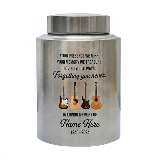 Personalized Guitar Music Lover Stainless Steel Cremation Urn For Human Ashes Adult Male Musician Funeral Display Decorative UV Print Sizes Memorial Keepsake Urn, Memorial Gift, In Loving Memory - Image 1