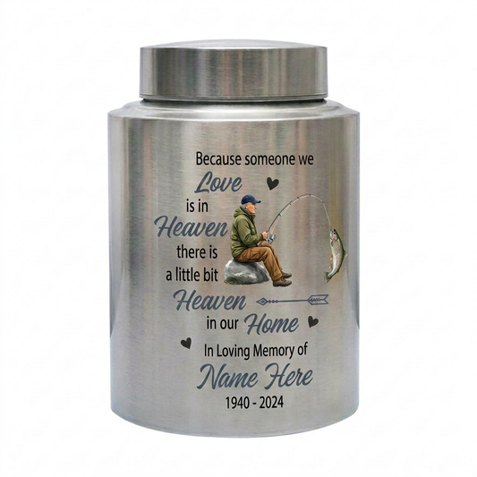 Personalized Bass Fishing Cremation Urns for Human Ashes Loss of Father Husband Fisherman Silhouette Because Someone We Love is in Heaven Quote Memorial Keepsake Urn, Memorial Gift, In Loving Memory - Image 1