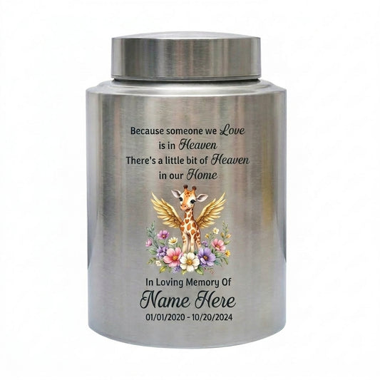 Personalized Giraffe Angel Wings Baby Loss Stainless Steel Infant Child Cremation Ashes Container Nursery Bereavement Display 5.9in 7.5in Memorial Keepsake Urn, Memorial Gift, In Loving Memory - Image 1