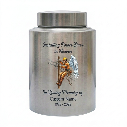 Personalized Lineman Electrician UV Printed Stainless Steel Cremation Urn for Dad Husband Loved One Human Ashes Decorative 2 Sizes Memorial Keepsake Urn, Memorial Gift, In Loving Memory - Image 1