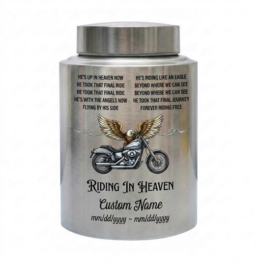 Personalized Motorcycle Riding in Heaven Stainless Steel Urn for Dad Biker Adult Male, Decorative Ash Container Small 5.9x3.9 Large 7.5x5.1, Memorial Keepsake Urn, Memorial Gift, In Loving Memory - Image 1