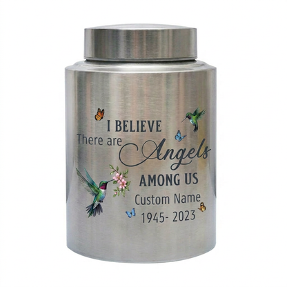 Personalized Hummingbird Angels Among Us Stainless Steel Cremation Urn for Human Ashes, Sympathy Bereavement Keepsake for Loss of Loved One, Memorial Keepsake Urn, Memorial Gift, In Loving Memory - Image 1