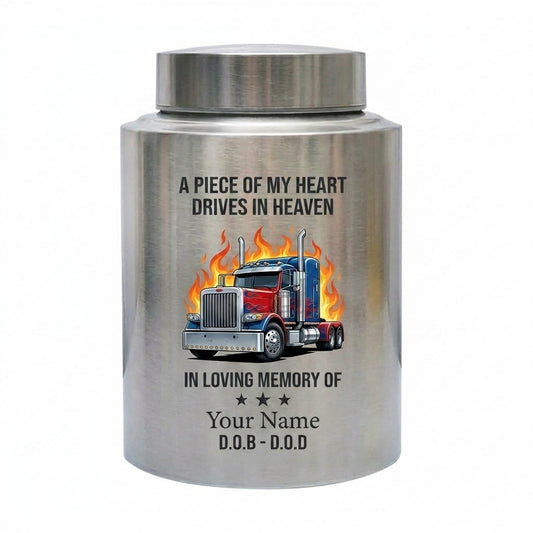 Personalized Semi Truck Angel Wings UV Print Stainless Steel Urn For Ashes Truck Driver Dad Husband Funeral Display Large Small 4 Color Memorial Keepsake Urn, Memorial Gift, In Loving Memory - Image 1