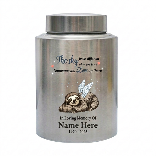Personalized Sloth Cremation Urn UV Printed Stainless Steel Ash Holder The Sky Looks Different Quote For Animal Lovers Adult Pet Ashes Memorial Keepsake Urn, Memorial Gift, In Loving Memory - Image 1
