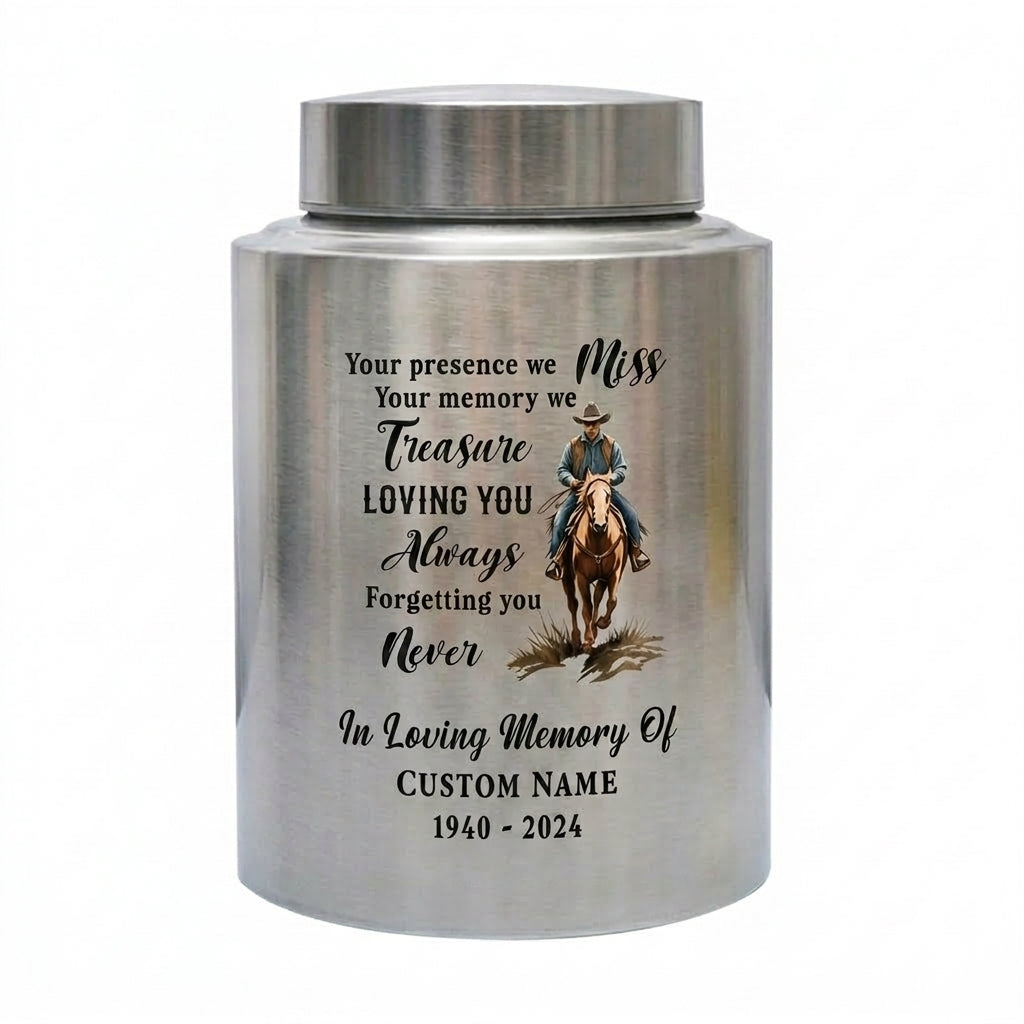 Personalized Cowboy Riding Horse Boots Hat Cross Stainless Steel Cremation Urn For Adult Human Ashes Funeral Remembrance Sympathy Memorial Keepsake Urn, Memorial Gift, In Loving Memory - Image 1