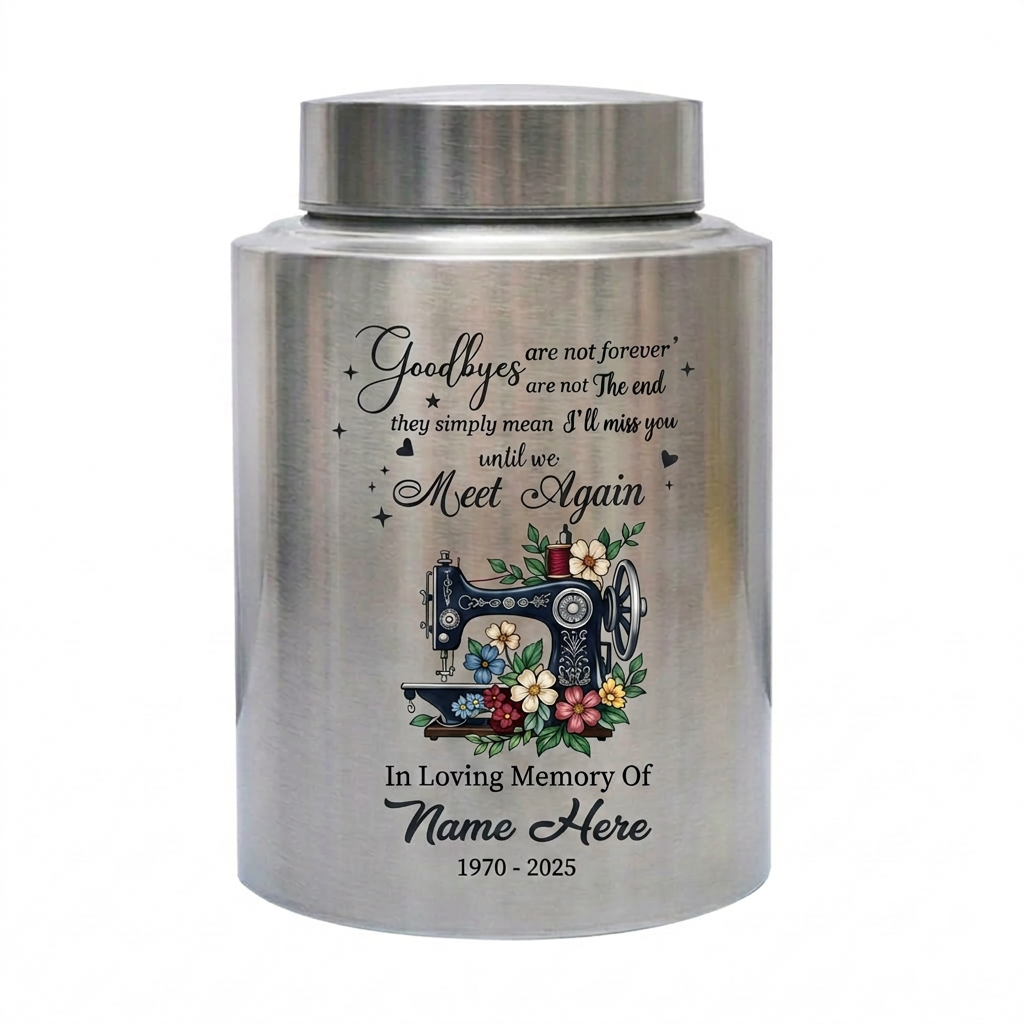 Personalized Sewing Stainless Steel Cremation Urn for Mom Grandma Crafter, Goodbyes Are Not Forever Quote Custom Name Date, Memorial Keepsake Urn, Memorial Gift, In Loving Memory - Image 1