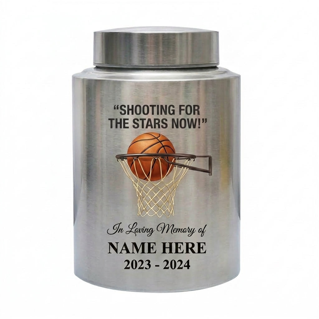Personalized Basketball Stainless Steel UV Printed Urn for Human Ashes, Sports Fan Player Loss Tribute, Shooting For The Stars Now Large Custom Memorial Keepsake Urn, Memorial Gift, In Loving Memory - Image 1