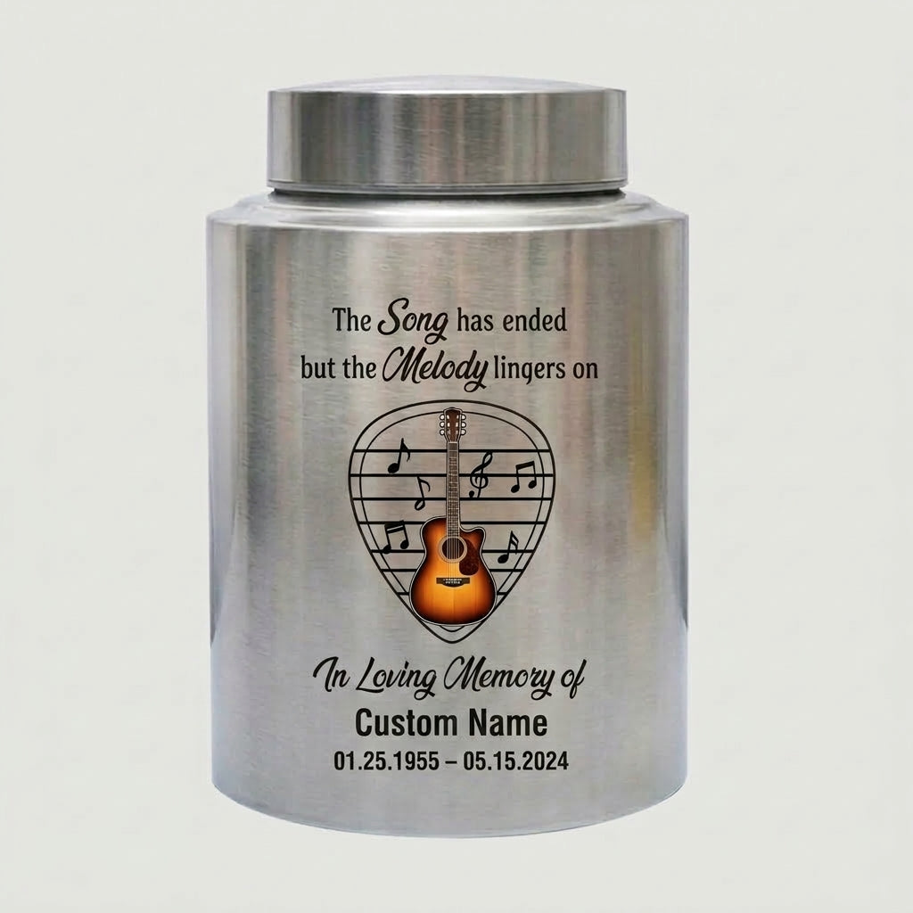 Personalized Adult Musician Theme UV Printed Metal Cremation Urn for Ashes, Music Lover Bereavement Ash Holder for Loss of Family Member, Memorial Keepsake Urn, Memorial Gift, In Loving Memory - Image 1