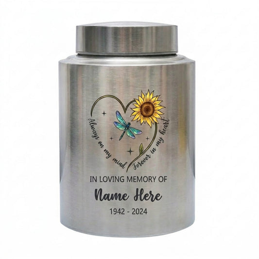 Personalized Dragonfly Moon Sunflower Stainless Steel Cremation Urn Adult Ashes Funeral Burial Bereavement Always On My Mind Memorial Keepsake Urn, Memorial Gift, In Loving Memory - Image 1