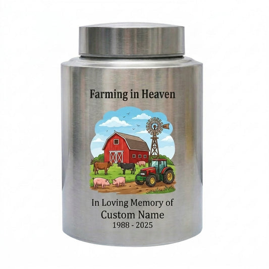 Personalized Farmer Farming in Heaven UV Printed Stainless Steel Dad Grandpa Husband Ash Holder Bereavement Tribute 2 Sizes 4 Colors Memorial Keepsake Urn, Memorial Gift, In Loving Memory - Image 1