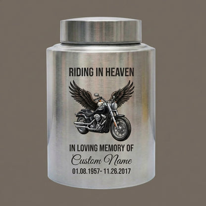 Personalized Motorcycle Riding in Heaven Stainless Steel Ash Holder for Adult Male Dad Biker Funeral Display Large Capacity Memorial Keepsake Urn, Memorial Gift, In Loving Memory - Image 1