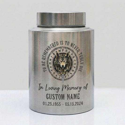 Personalized Valhalla Viking Wolf Medallion Nordic Runes UV Printed Stainless Steel Norse Heritage Tribute Adult Ash Sizes Memorial Keepsake Urn, Memorial Gift, In Loving Memory - Image 1