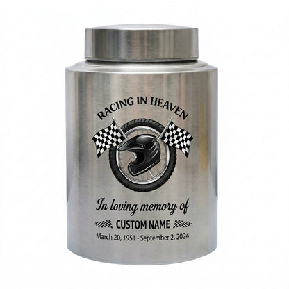 Personalized Racing Victory Checkered Flag Stainless Steel Urn for Human Ashes, Car Enthusiast Loss Grief Support, 2 Sizes, Memorial Keepsake Urn, Memorial Gift, In Loving Memory - Image 1