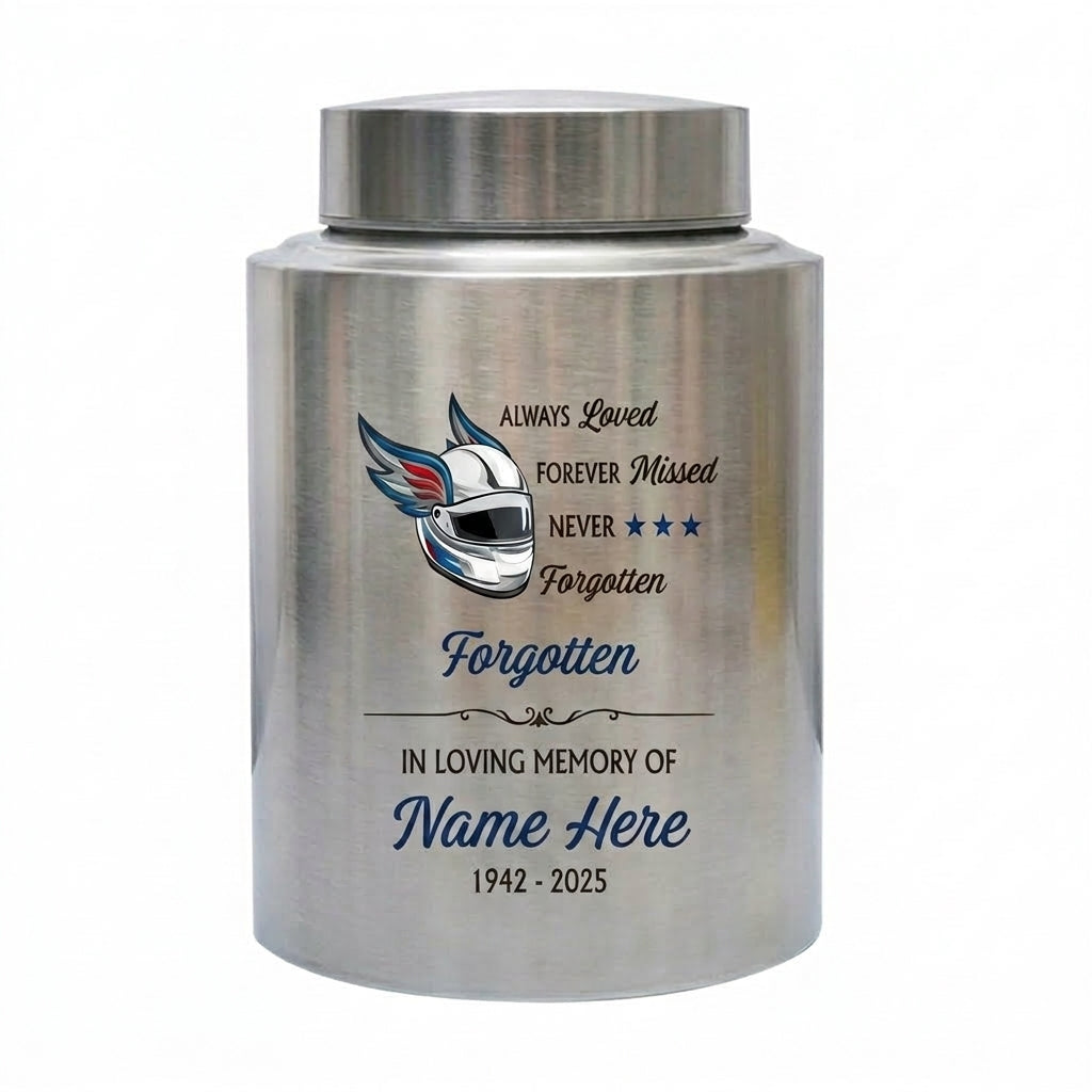 Personalized Racing Victory Stainless Steel Cremation Urn for Human Ashes Motorsports Fan Remembrance Bereavement Tribute 5.9x3.9 7.5x5.1 Memorial Keepsake Urn, Memorial Gift, In Loving Memory - Image 1