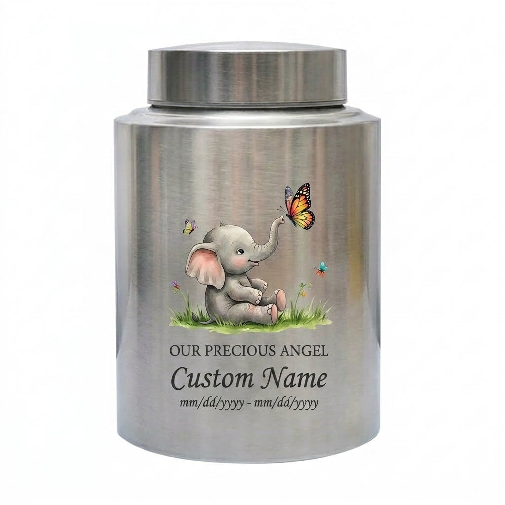 Personalized Baby Elephant Stainless Steel UV Printed Infant Loss Our Precious Angel Baby Boy Girl Child Ashes Large Small Metal Cremation Urns Memorial Keepsake Urn, Memorial Gift, In Loving Memory - Image 1