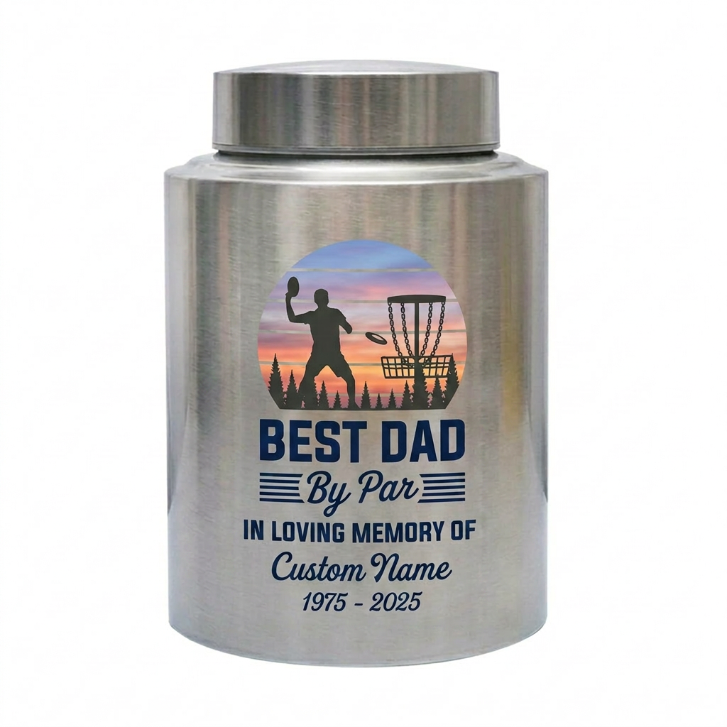 Personalized Disc Golf Dad By Par Sunset UV Printed Stainless Steel Cremation Vessel for Father Loss Sympathy Adult Ashes Small Large Sizes Memorial Keepsake Urn, Memorial Gift, In Loving Memory - Image 1