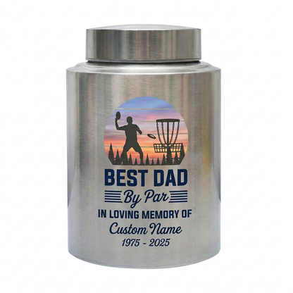 Personalized Disc Golf Dad By Par Sunset UV Printed Stainless Steel Cremation Vessel for Father Loss Sympathy Adult Ashes Small Large Sizes Memorial Keepsake Urn, Memorial Gift, In Loving Memory - Image 1