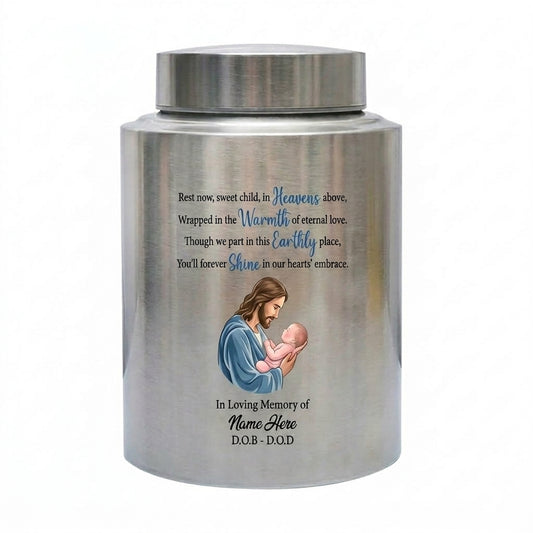 Personalized Baby of Jesus Stainless Steel Cremation Urn for Infant Child Boy Girl Loss Miscarriage Bereavement 2 Sizes 4 Colors Memorial Keepsake Urn, Memorial Gift, In Loving Memory - Image 1