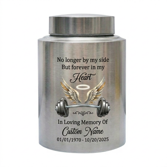 Personalized Gym Lover Barbell Angel Wings Stainless Steel Urn No Longer By My Side For Fitness Enthusiast 4 Colors 2 Sizes Memorial Keepsake Urn, Memorial Gift, In Loving Memory - Image 1