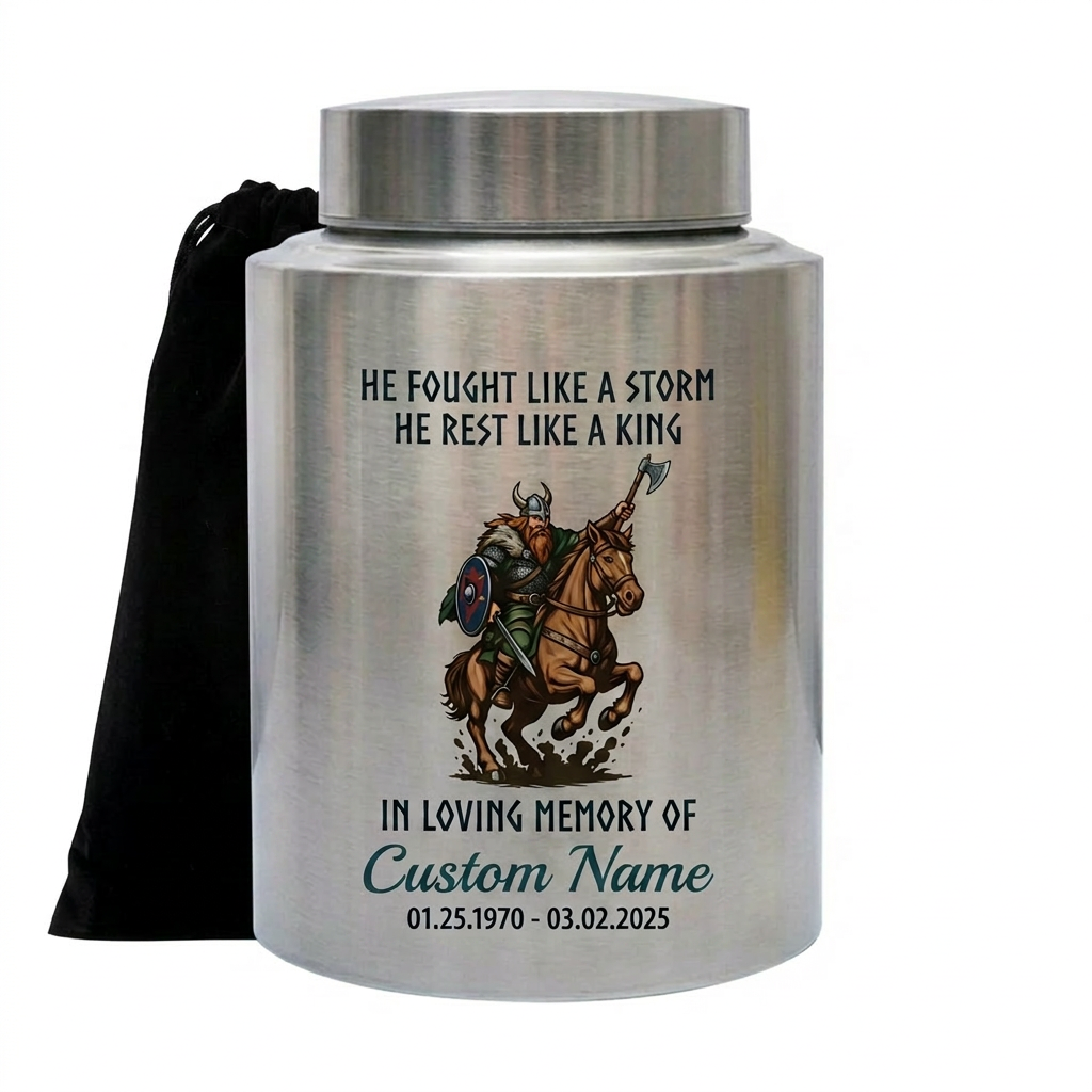 Personalized Valhalla Viking Nordic Runes UV Printed Stainless Steel Cremation Urn for Father Husband Veteran Ash Storage 5.9in & 7.5in Memorial Keepsake Urn, Memorial Gift, In Loving Memory - Image 1