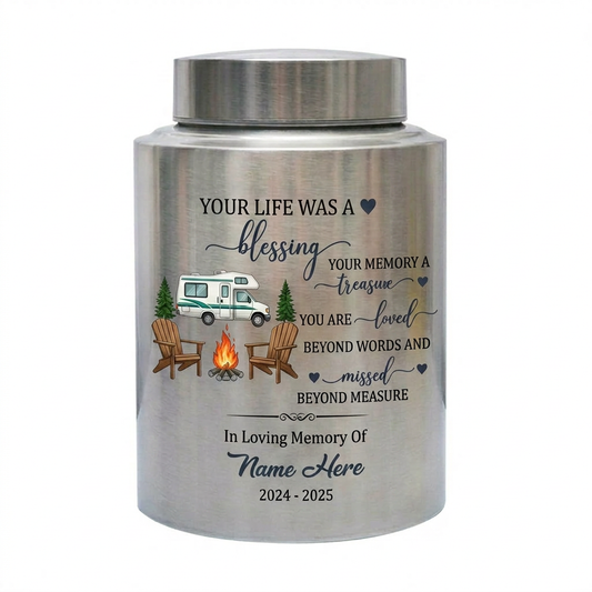 Personalized Forest Camping Outdoor Camper Stainless Steel UV Printed Funeral Urn for Human Ashes Nature Lovers Two Sizes Four Colors Memorial Keepsake Urn, Memorial Gift, In Loving Memory - Image 1