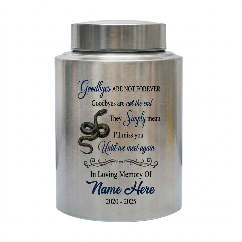 Personalized Coiled Snake Cremation Urn Goodbyes Are Not Forever UV Printed Stainless Steel Reptile Lover Human Ashes Large Small Memorial Keepsake Urn, Memorial Gift, In Loving Memory - Image 1