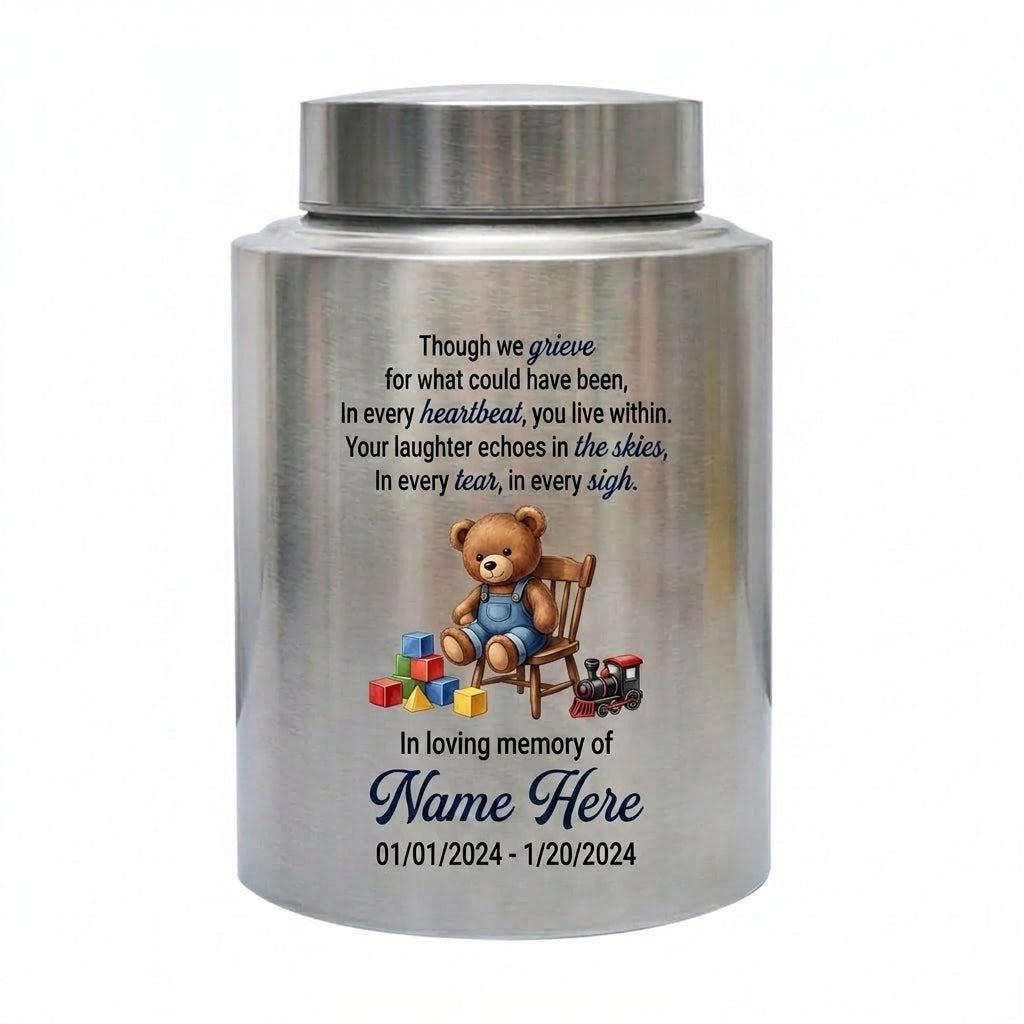 Personalized Teddy Bear Baby Infant Loss UV Printed Stainless Steel Miscarriage Remembrance Grieving Parent Sympathy Gift Cremation Ash Holder Memorial Keepsake Urn, Memorial Gift, In Loving Memory - Image 1