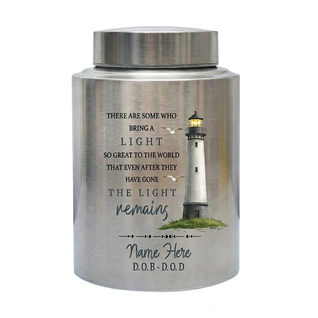 Personalized Lighthouse Stainless Steel Cremation Urn, Custom Name and Date Sympathy Keepsake for Loss of Loved One Family Member, Memorial Keepsake Urn, Memorial Gift, In Loving Memory - Image 1