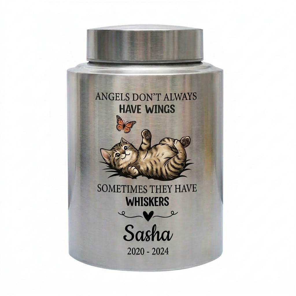 Personalized Pet Cat Angels Don't Always Have Wings Sometimes They Have Whiskers Stainless Steel UV Printed Urn 4 Colors Small Large Memorial Keepsake Urn, Memorial Gift, In Loving Memory - Image 1