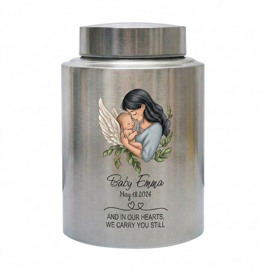 Personalized Angel Baby Memorial UV Printed Metal Urn For Loss of Infant Child Grieving Keepsake for Parents Four Color Options Memorial Keepsake Urn, Memorial Gift, In Loving Memory - Image 1