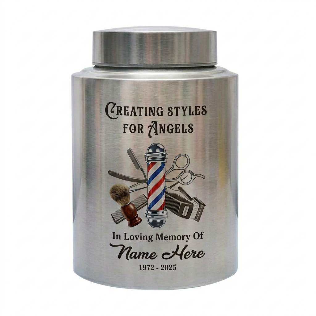 Personalized Master Barber Hair Stylist UV Printed Stainless Steel Urn for Ashes Cosmetologist Sympathy Bereavement Large Silver Black Gold Red Memorial Keepsake Urn, Memorial Gift, In Loving Memory - Image 1